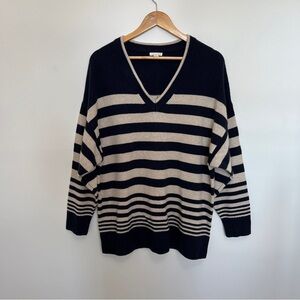 Unsubscribed 100% Cashmere Knit V-neck Sweater in Navy & Cream Stripe Size M